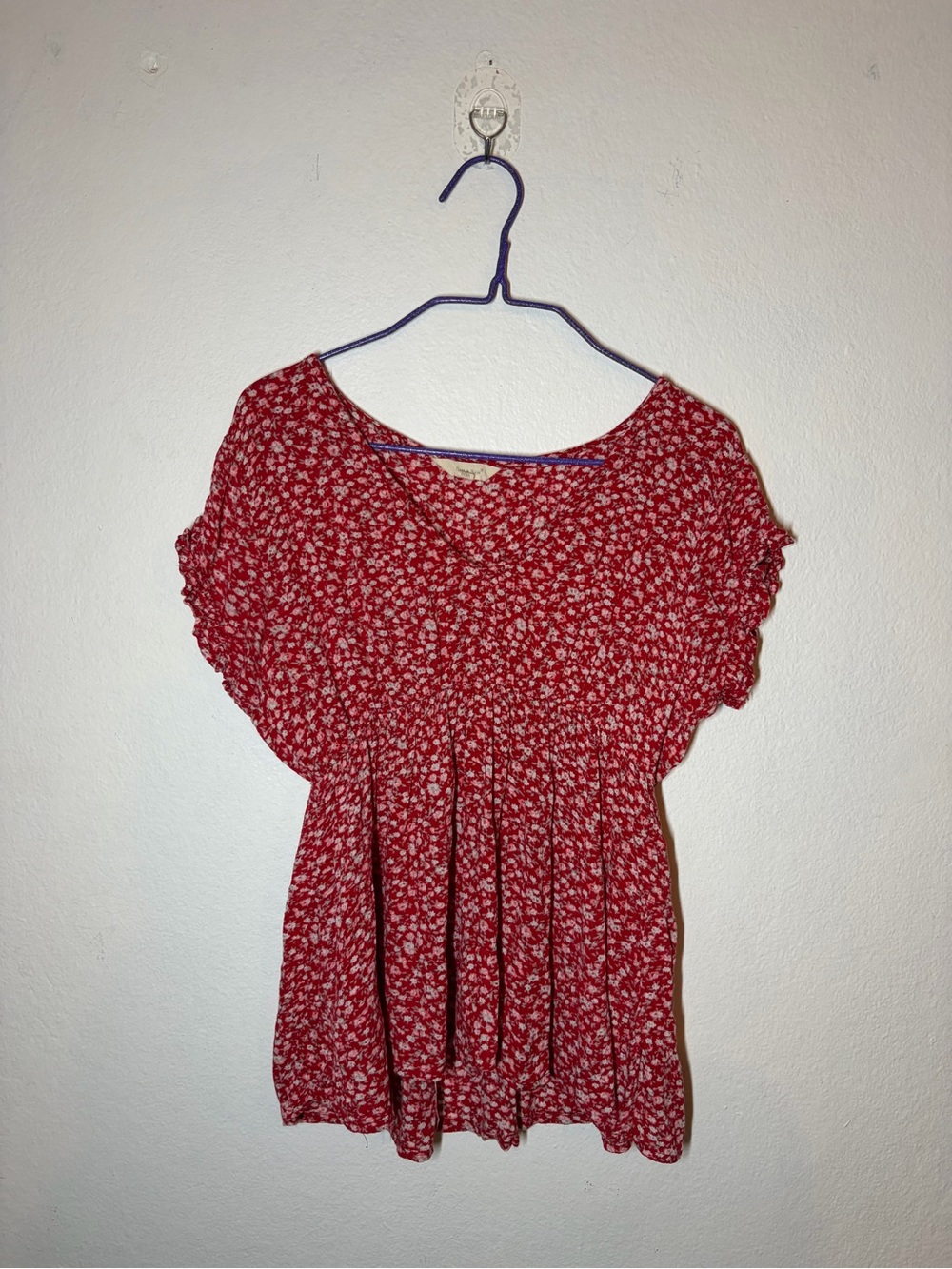 Red Floral Smocked Waist Short Sleeve Blouse